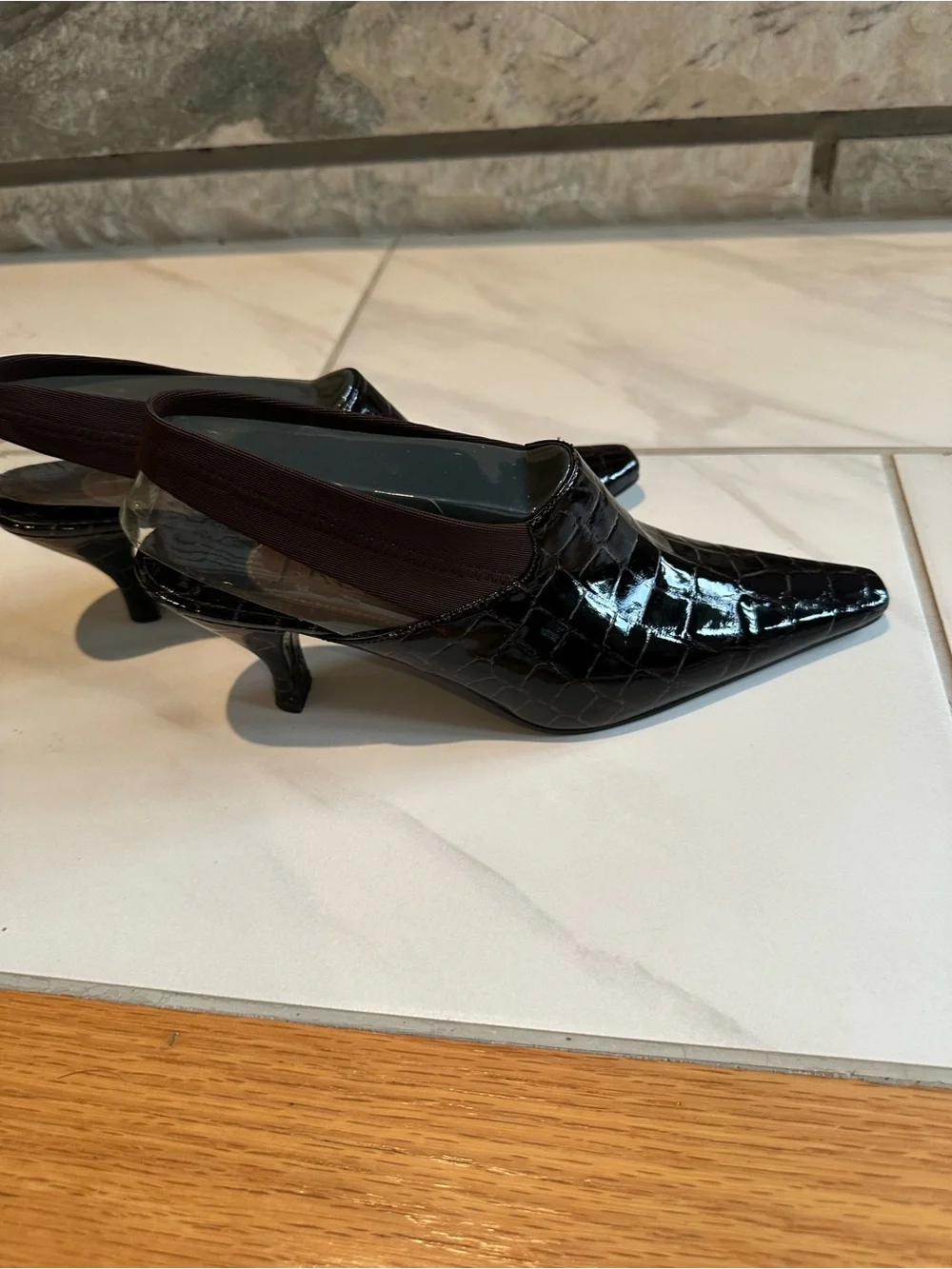 J. Renee Black Mock Croc Embossed Slingback Kitten Heels Mules